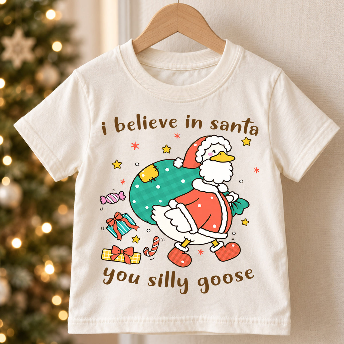 I Believe In Santa You Silly Goose Shirt, Funny Christmas Duck Kids T-Shirt, Cute Santa Bag Toddler Tee, Holiday Graphic Top, Xmas Gift — product view 5