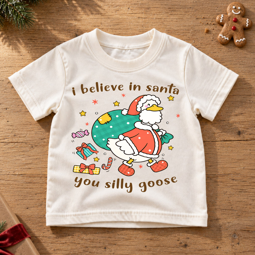 I Believe In Santa You Silly Goose Shirt, Funny Christmas Duck Kids T-Shirt, Cute Santa Bag Toddler Tee, Holiday Graphic Top, Xmas Gift — product view 6