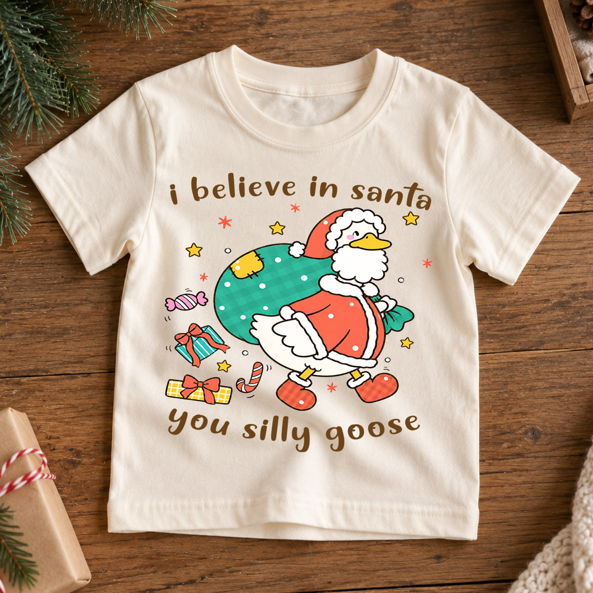I Believe In Santa You Silly Goose Shirt, Funny Christmas Duck Kids T-Shirt, Cute Santa Bag Toddler Tee, Holiday Graphic Top, Xmas Gift — product view 7