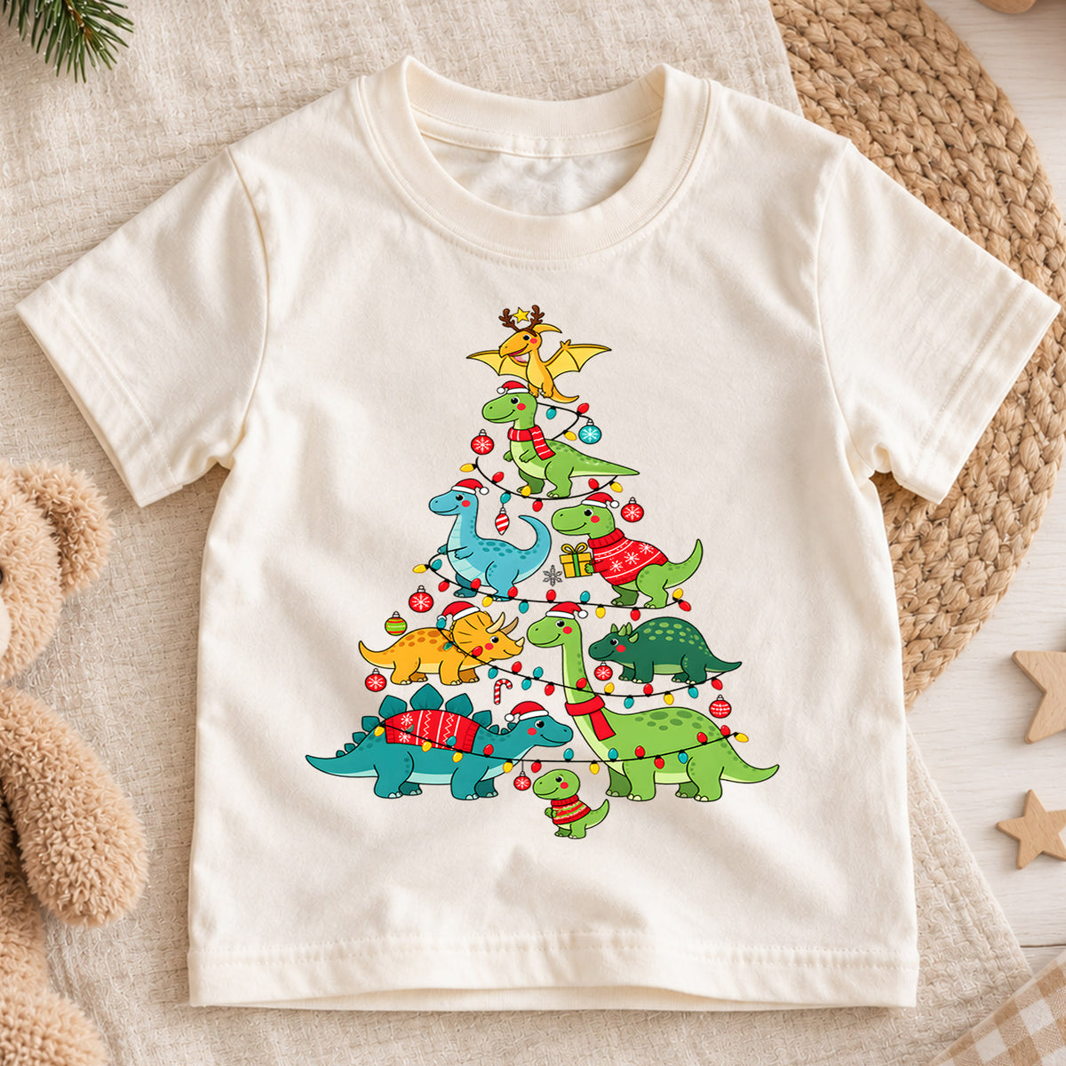 Dinosaur Christmas Tree Shirt, Cute Dino Holiday Kids T-Shirt, T-Rex Brachiosaurus Toddler Tee, Prehistoric Tree Graphic Top, Boys Xmas Gift — product view 1