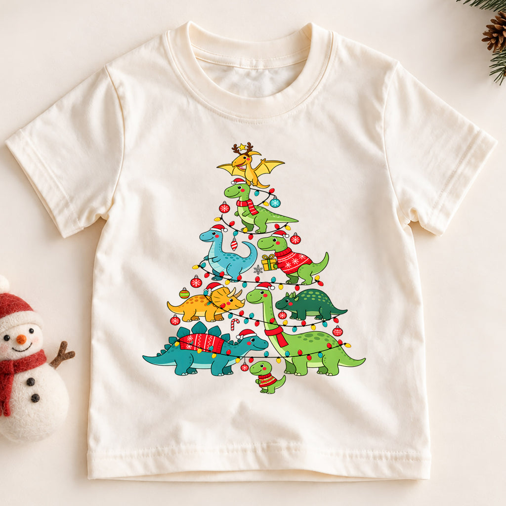 Dinosaur Christmas Tree Shirt, Cute Dino Holiday Kids T-Shirt, T-Rex Brachiosaurus Toddler Tee, Prehistoric Tree Graphic Top, Boys Xmas Gift — product view 2
