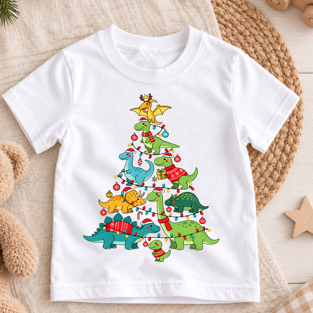 Dinosaur Christmas Tree Shirt, Cute Dino Holiday Kids T-Shirt, T-Rex Brachiosaurus Toddler Tee, Prehistoric Tree Graphic Top, Boys Xmas Gift — product view 3