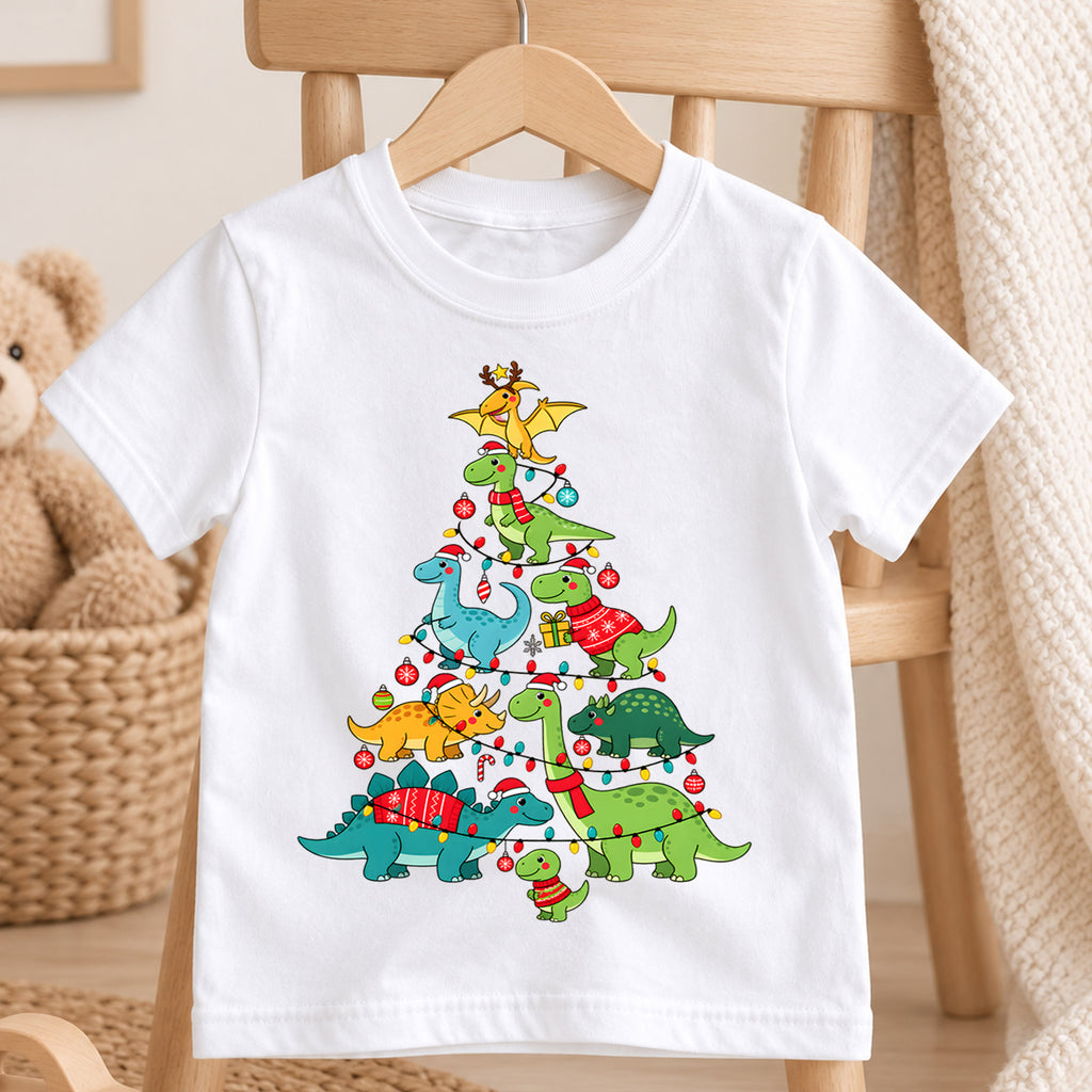 Dinosaur Christmas Tree Shirt, Cute Dino Holiday Kids T-Shirt, T-Rex Brachiosaurus Toddler Tee, Prehistoric Tree Graphic Top, Boys Xmas Gift — product view 4