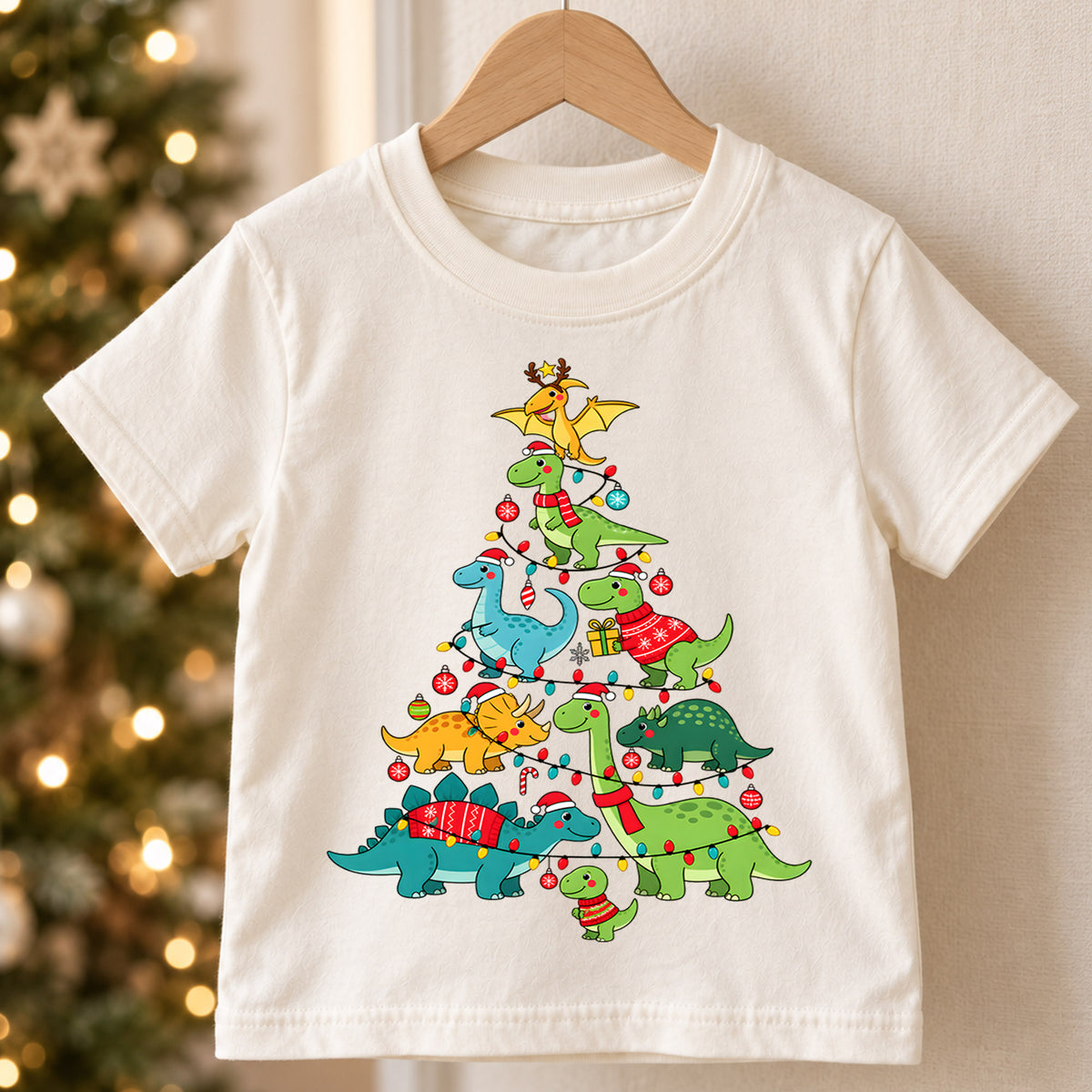 Dinosaur Christmas Tree Shirt, Cute Dino Holiday Kids T-Shirt, T-Rex Brachiosaurus Toddler Tee, Prehistoric Tree Graphic Top, Boys Xmas Gift — product view 5