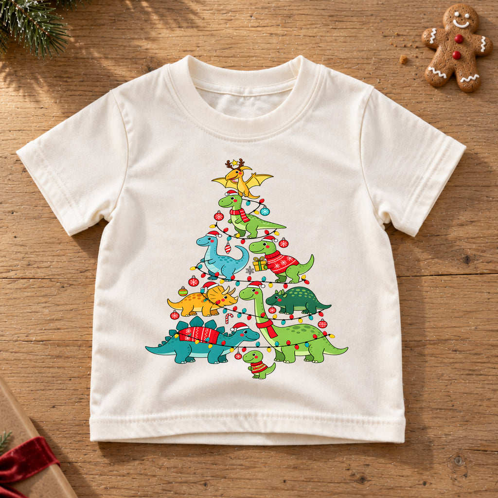 Dinosaur Christmas Tree Shirt, Cute Dino Holiday Kids T-Shirt, T-Rex Brachiosaurus Toddler Tee, Prehistoric Tree Graphic Top, Boys Xmas Gift — product view 6