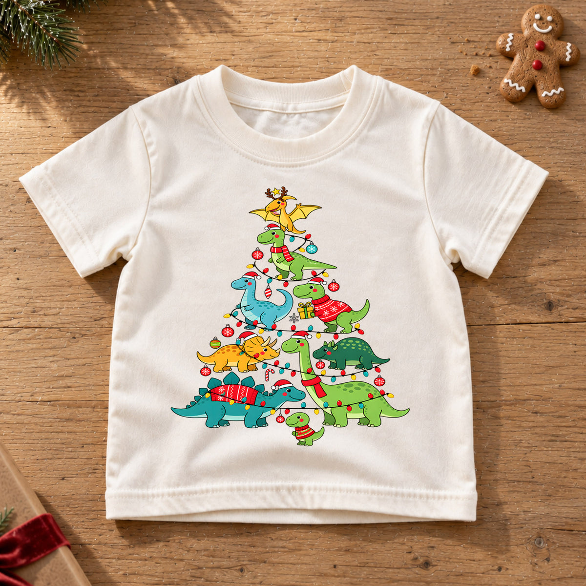 Dinosaur Christmas Tree Shirt, Cute Dino Holiday Kids T-Shirt, T-Rex Brachiosaurus Toddler Tee, Prehistoric Tree Graphic Top, Boys Xmas Gift — product view 6