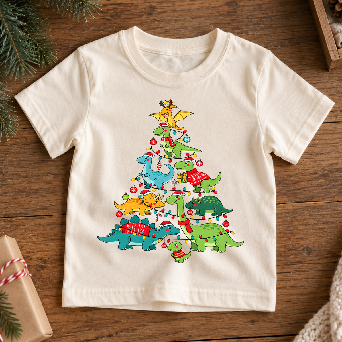 Dinosaur Christmas Tree Shirt, Cute Dino Holiday Kids T-Shirt, T-Rex Brachiosaurus Toddler Tee, Prehistoric Tree Graphic Top, Boys Xmas Gift — product view 7