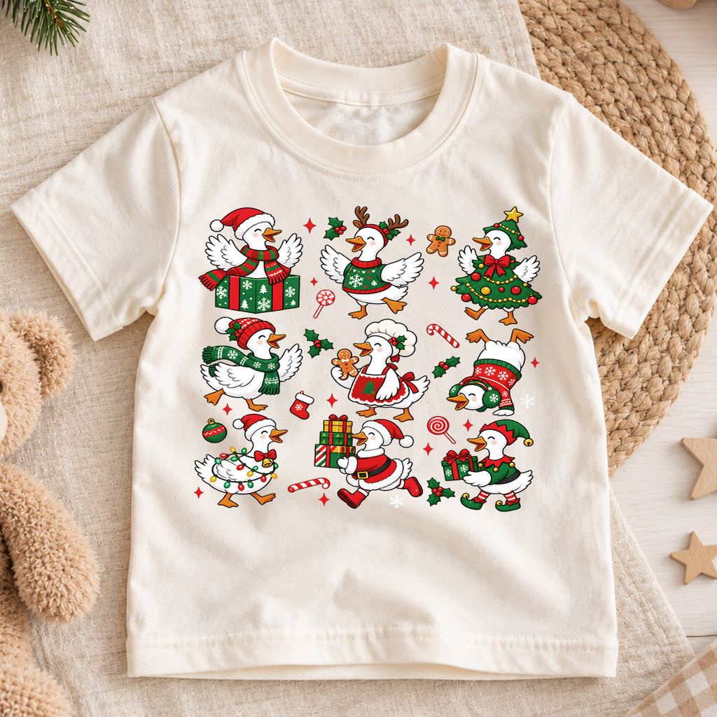 Christmas Geese Pattern Shirt, Cute Holiday Ducks Kids T-Shirt, Funny Silly Goose Toddler Tee, Santa Reindeer Tree Duck Graphic Top, Xmas Gift — product view 1