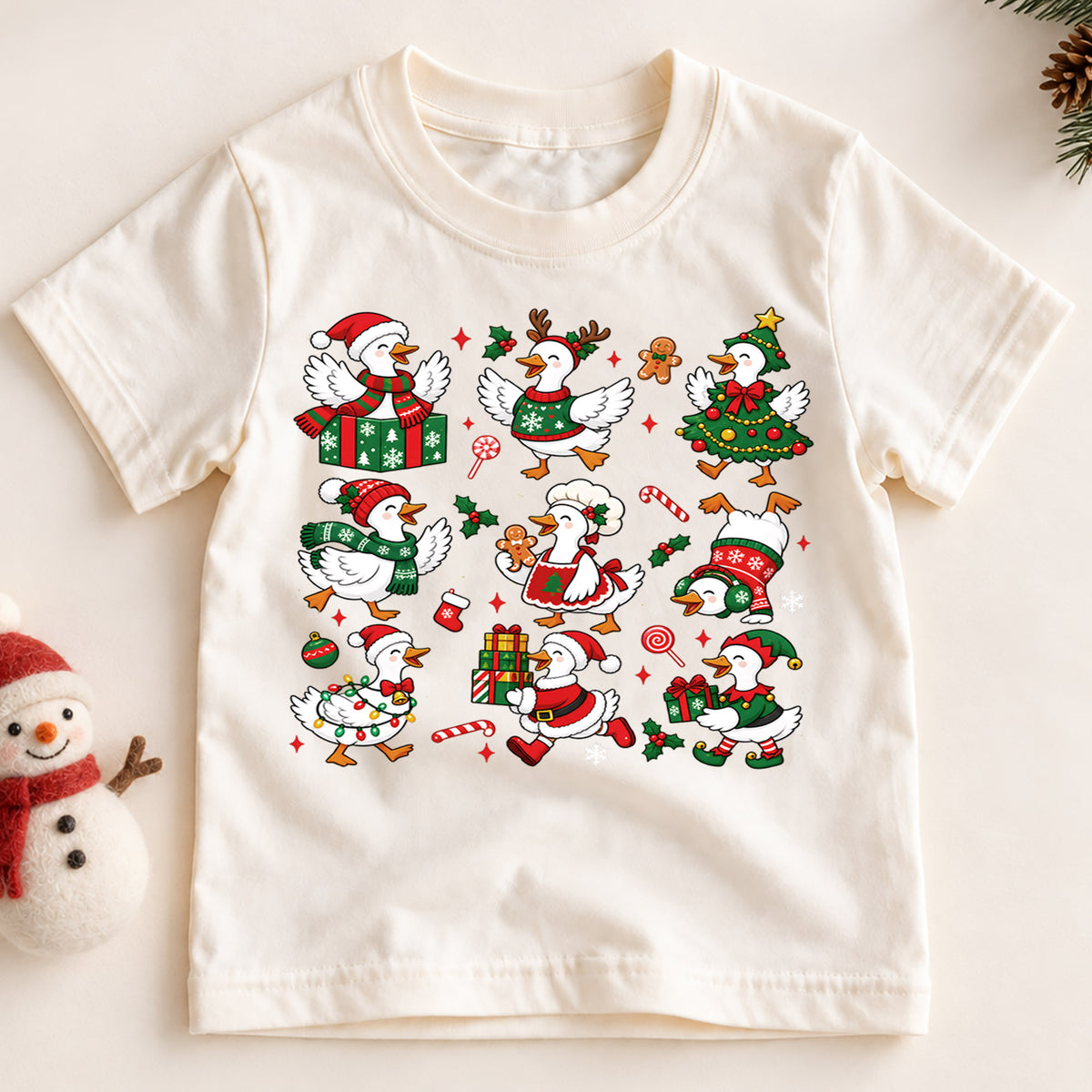 Christmas Geese Pattern Shirt, Cute Holiday Ducks Kids T-Shirt, Funny Silly Goose Toddler Tee, Santa Reindeer Tree Duck Graphic Top, Xmas Gift — product view 2