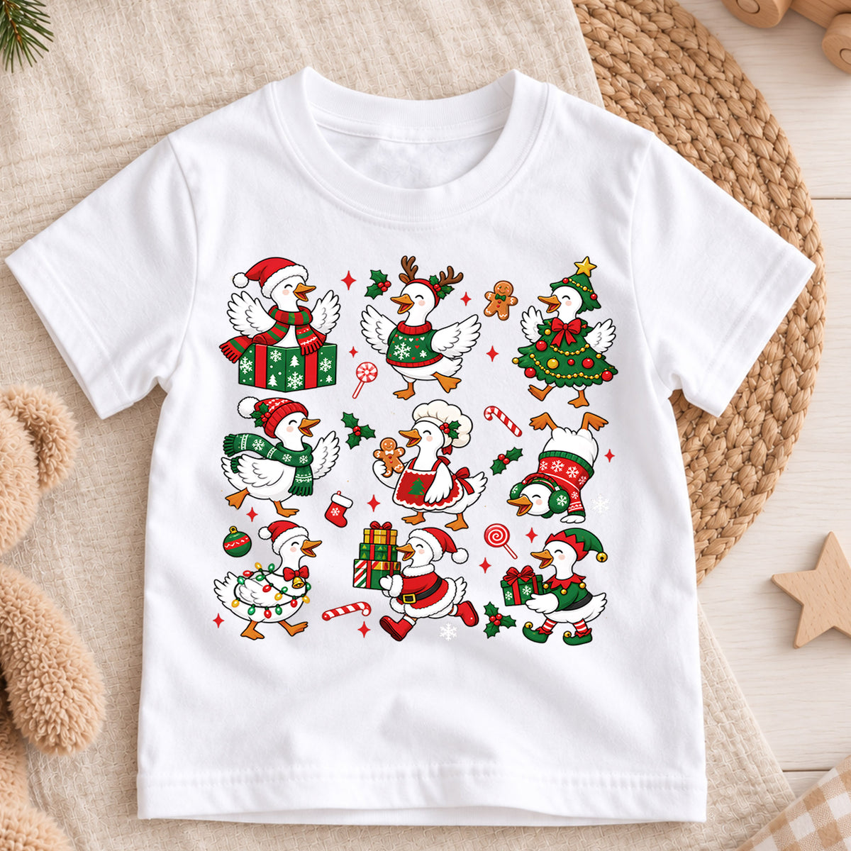 Christmas Geese Pattern Shirt, Cute Holiday Ducks Kids T-Shirt, Funny Silly Goose Toddler Tee, Santa Reindeer Tree Duck Graphic Top, Xmas Gift — product view 3