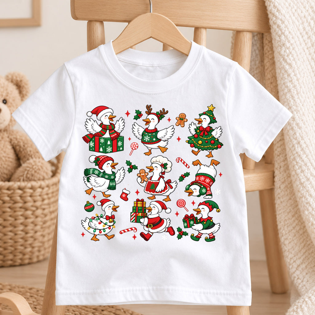 Christmas Geese Pattern Shirt, Cute Holiday Ducks Kids T-Shirt, Funny Silly Goose Toddler Tee, Santa Reindeer Tree Duck Graphic Top, Xmas Gift — product view 4