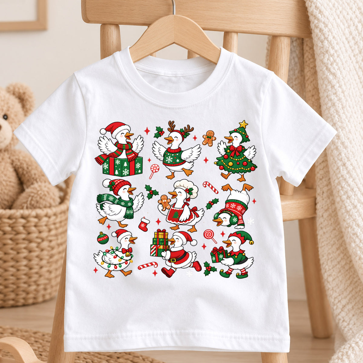 Christmas Geese Pattern Shirt, Cute Holiday Ducks Kids T-Shirt, Funny Silly Goose Toddler Tee, Santa Reindeer Tree Duck Graphic Top, Xmas Gift — product view 4