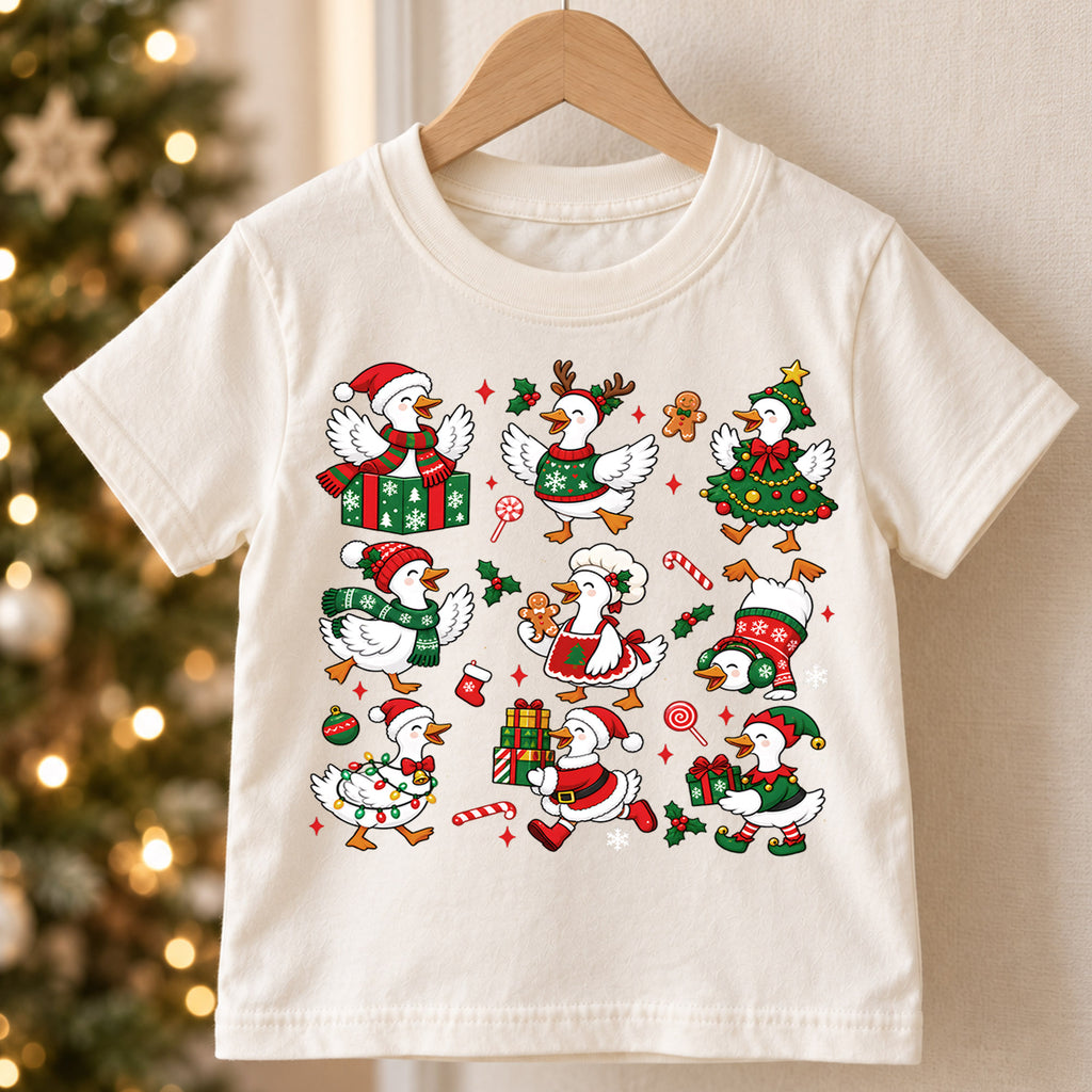Christmas Geese Pattern Shirt, Cute Holiday Ducks Kids T-Shirt, Funny Silly Goose Toddler Tee, Santa Reindeer Tree Duck Graphic Top, Xmas Gift — product view 5