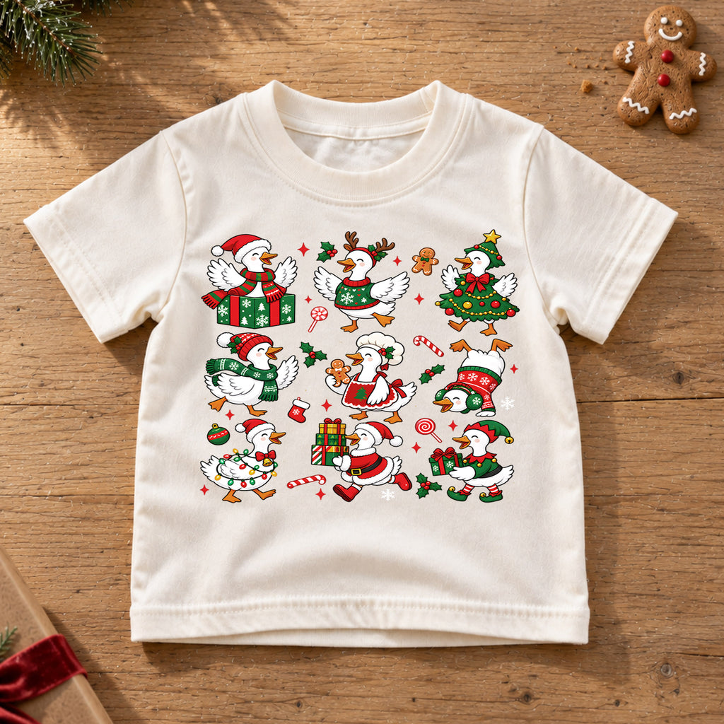 Christmas Geese Pattern Shirt, Cute Holiday Ducks Kids T-Shirt, Funny Silly Goose Toddler Tee, Santa Reindeer Tree Duck Graphic Top, Xmas Gift — product view 6