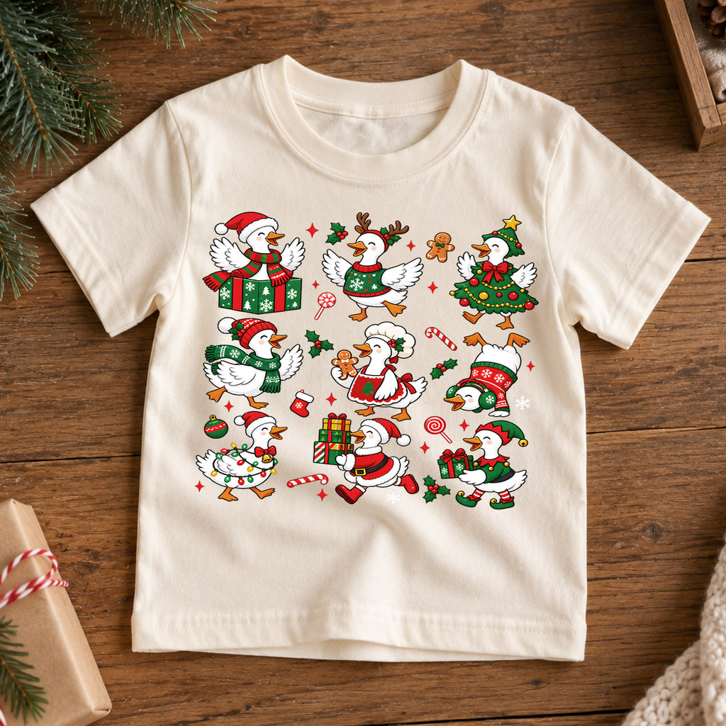 Christmas Geese Pattern Shirt, Cute Holiday Ducks Kids T-Shirt, Funny Silly Goose Toddler Tee, Santa Reindeer Tree Duck Graphic Top, Xmas Gift — product view 7