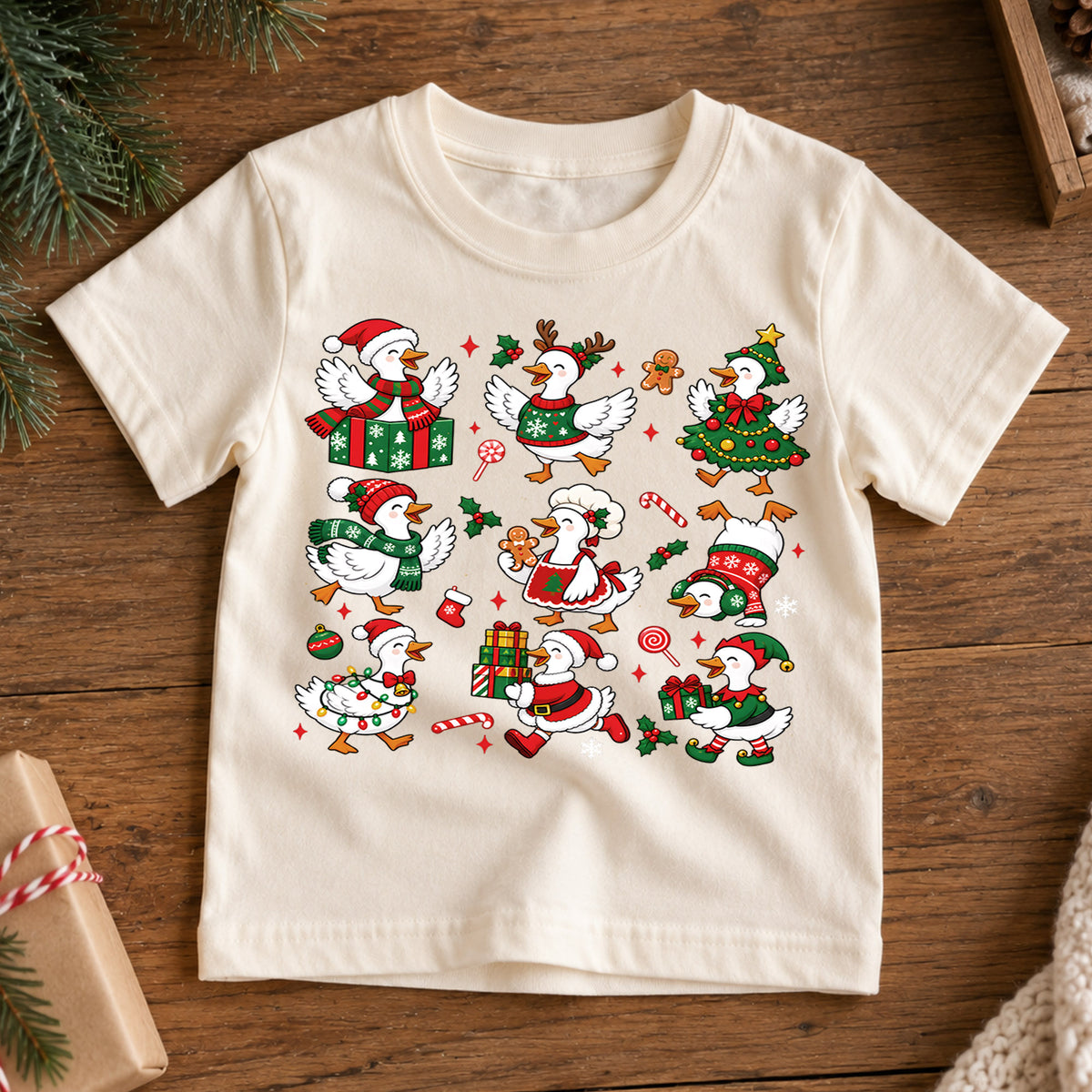 Christmas Geese Pattern Shirt, Cute Holiday Ducks Kids T-Shirt, Funny Silly Goose Toddler Tee, Santa Reindeer Tree Duck Graphic Top, Xmas Gift — product view 7