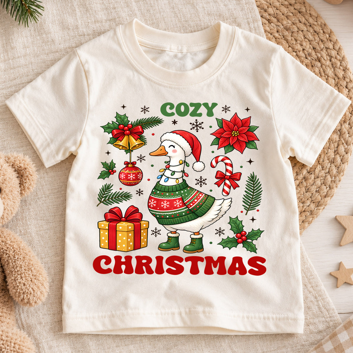 Cozy Christmas Goose Shirt, Cute Holiday Duck Kids T-Shirt, Poinsettia Bells Toddler Tee, Retro Sweater Goose Graphic Top, Winter Xmas Gift — product view 1