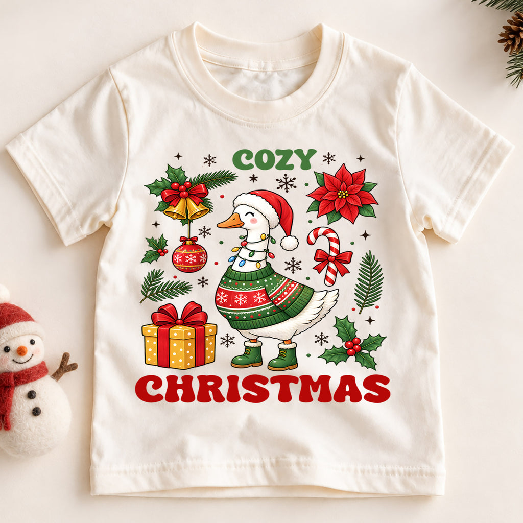 Cozy Christmas Goose Shirt, Cute Holiday Duck Kids T-Shirt, Poinsettia Bells Toddler Tee, Retro Sweater Goose Graphic Top, Winter Xmas Gift — product view 2