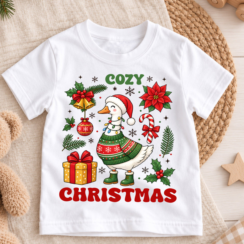 Cozy Christmas Goose Shirt, Cute Holiday Duck Kids T-Shirt, Poinsettia Bells Toddler Tee, Retro Sweater Goose Graphic Top, Winter Xmas Gift — product view 3