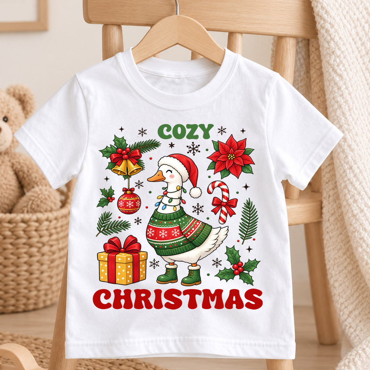 Cozy Christmas Goose Shirt, Cute Holiday Duck Kids T-Shirt, Poinsettia Bells Toddler Tee, Retro Sweater Goose Graphic Top, Winter Xmas Gift — product view 4
