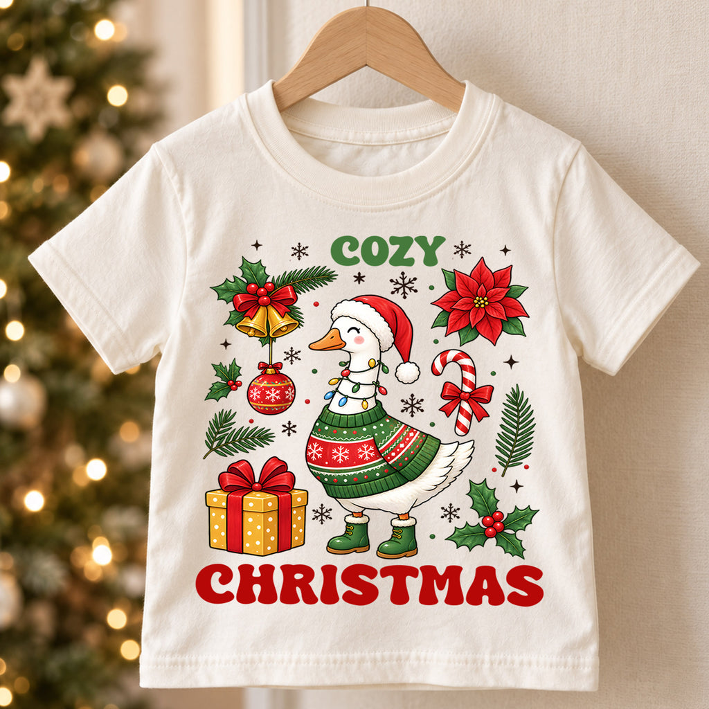 Cozy Christmas Goose Shirt, Cute Holiday Duck Kids T-Shirt, Poinsettia Bells Toddler Tee, Retro Sweater Goose Graphic Top, Winter Xmas Gift — product view 5