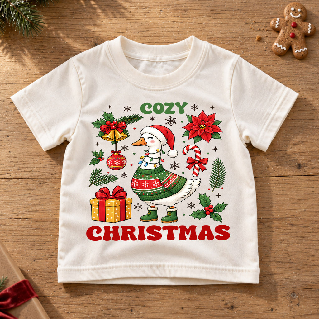 Cozy Christmas Goose Shirt, Cute Holiday Duck Kids T-Shirt, Poinsettia Bells Toddler Tee, Retro Sweater Goose Graphic Top, Winter Xmas Gift — product view 6