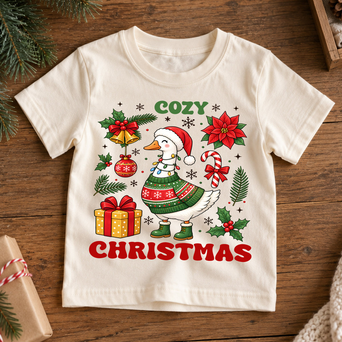 Cozy Christmas Goose Shirt, Cute Holiday Duck Kids T-Shirt, Poinsettia Bells Toddler Tee, Retro Sweater Goose Graphic Top, Winter Xmas Gift — product view 7