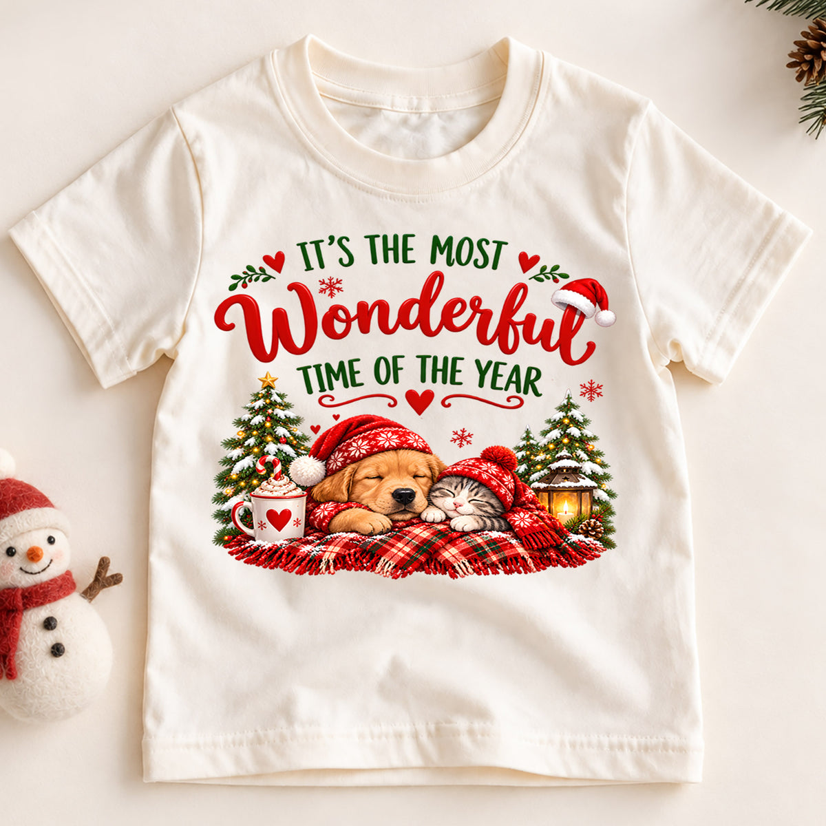 Most Wonderful Time of the Year Kids Christmas Shirt, Puppy & Kitten Holiday Tee, Sleeping Pets Graphic, Cozy Winter Tee, Gift for Kids — product view 2