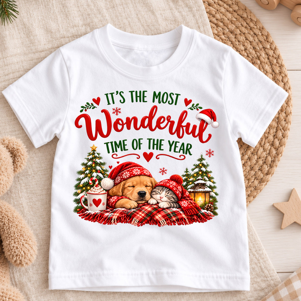 Most Wonderful Time of the Year Kids Christmas Shirt, Puppy & Kitten Holiday Tee, Sleeping Pets Graphic, Cozy Winter Tee, Gift for Kids — product view 3