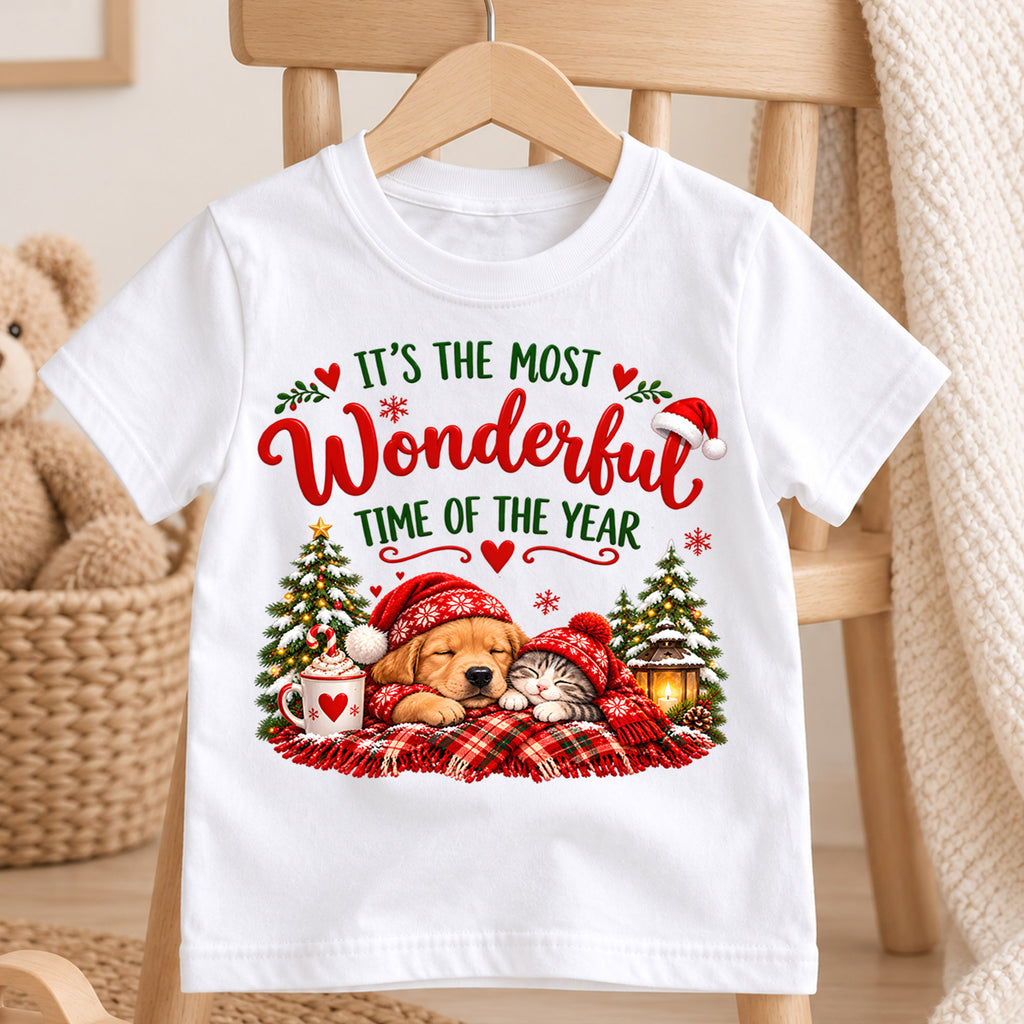 Most Wonderful Time of the Year Kids Christmas Shirt, Puppy & Kitten Holiday Tee, Sleeping Pets Graphic, Cozy Winter Tee, Gift for Kids — product view 4