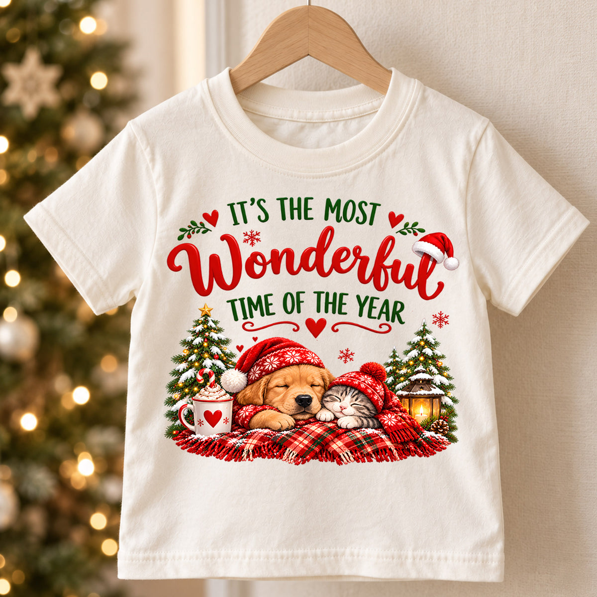Most Wonderful Time of the Year Kids Christmas Shirt, Puppy & Kitten Holiday Tee, Sleeping Pets Graphic, Cozy Winter Tee, Gift for Kids — product view 5