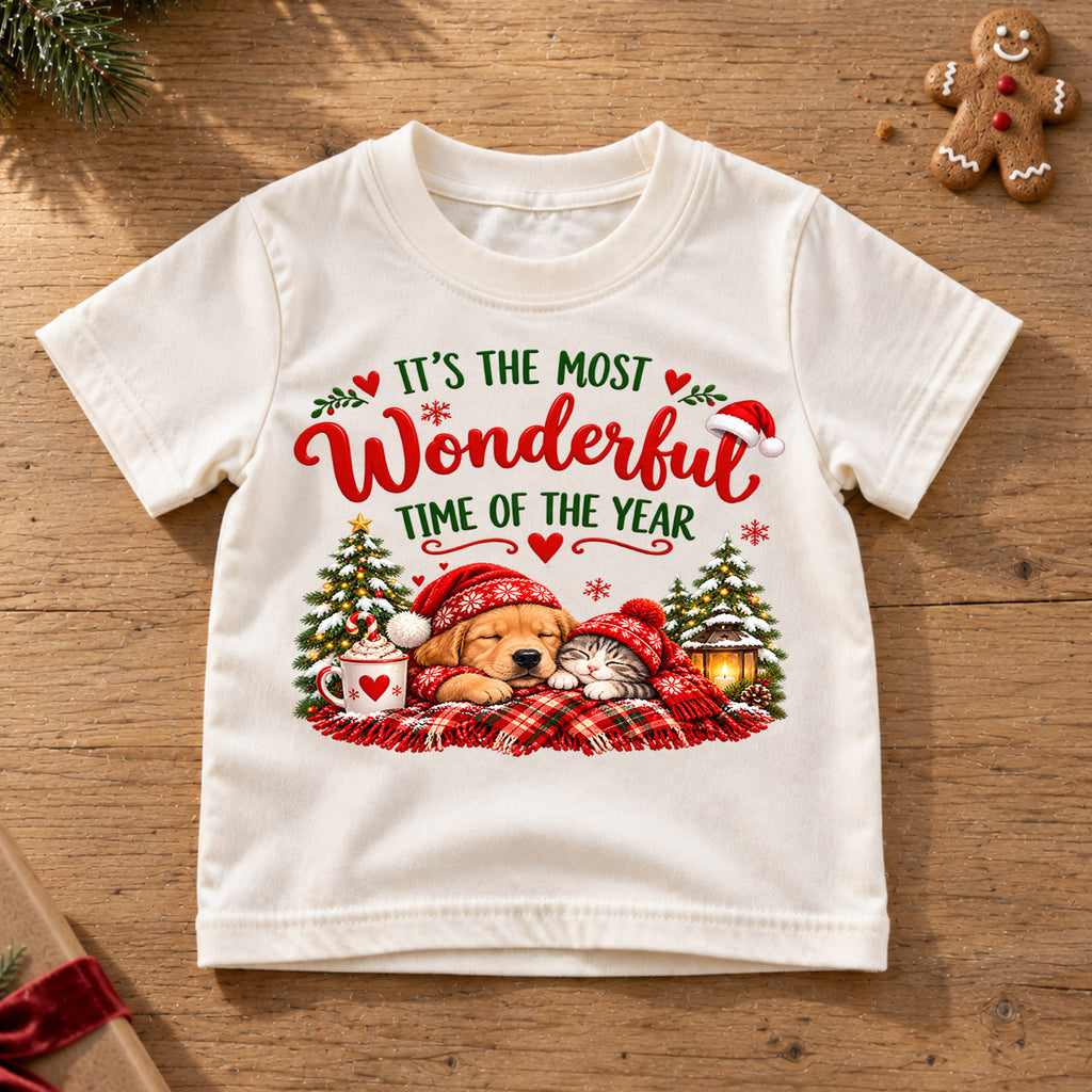 Most Wonderful Time of the Year Kids Christmas Shirt, Puppy & Kitten Holiday Tee, Sleeping Pets Graphic, Cozy Winter Tee, Gift for Kids — product view 6