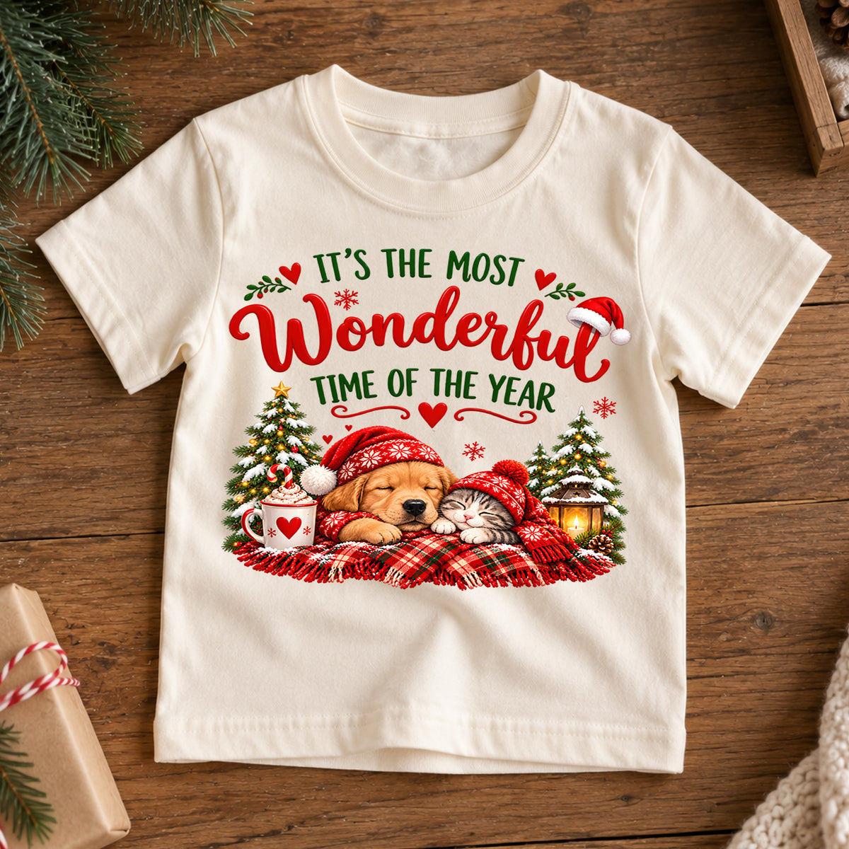 Most Wonderful Time of the Year Kids Christmas Shirt, Puppy & Kitten Holiday Tee, Sleeping Pets Graphic, Cozy Winter Tee, Gift for Kids — product view 7
