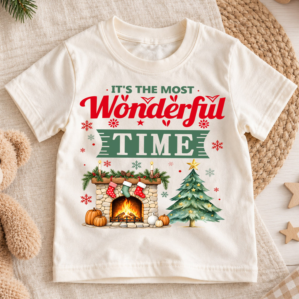 Most Wonderful Time Christmas Kids Shirt, Cozy Fireplace and Tree Graphic Tee, Festive Winter Holiday Outfit, Toddler Christmas Gift — product view 1