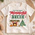 Most Wonderful Time Christmas Kids Shirt, Cozy Fireplace and Tree Graphic Tee, Festive Winter Holiday Outfit, Toddler Christmas Gift — product view 1