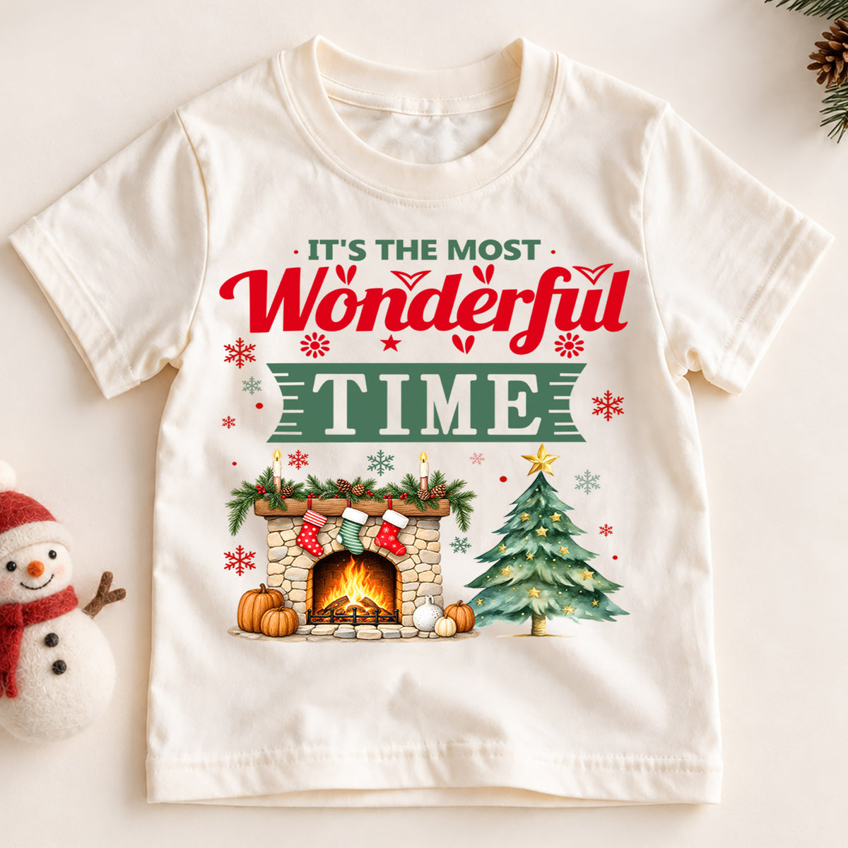 Most Wonderful Time Christmas Kids Shirt, Cozy Fireplace and Tree Graphic Tee, Festive Winter Holiday Outfit, Toddler Christmas Gift — product view 2