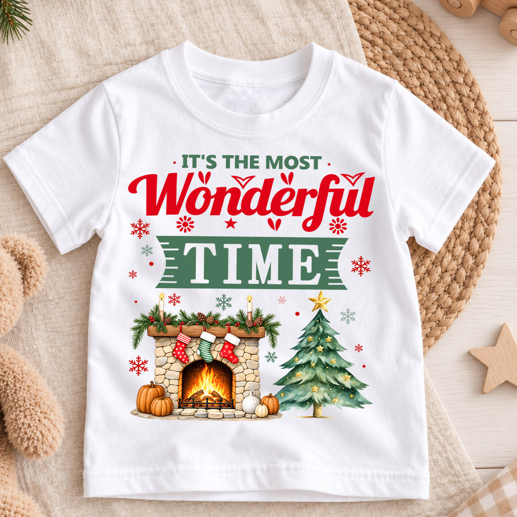 Most Wonderful Time Christmas Kids Shirt, Cozy Fireplace and Tree Graphic Tee, Festive Winter Holiday Outfit, Toddler Christmas Gift — product view 3