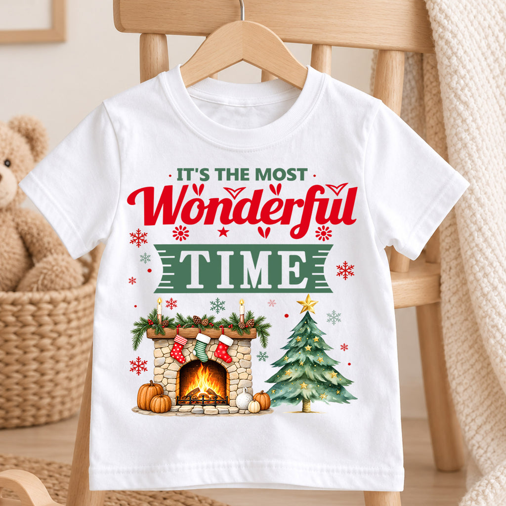 Most Wonderful Time Christmas Kids Shirt, Cozy Fireplace and Tree Graphic Tee, Festive Winter Holiday Outfit, Toddler Christmas Gift — product view 4