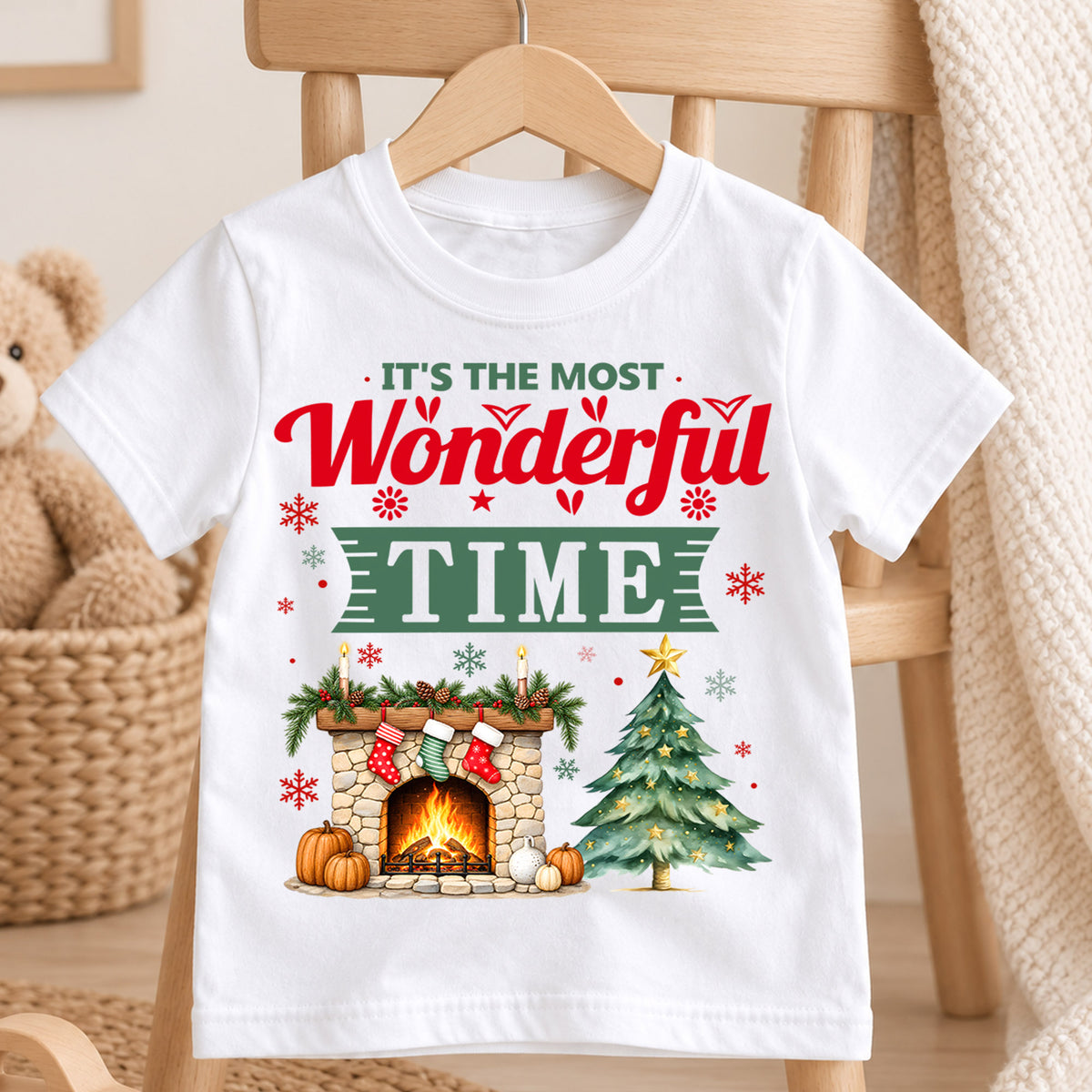 Most Wonderful Time Christmas Kids Shirt, Cozy Fireplace and Tree Graphic Tee, Festive Winter Holiday Outfit, Toddler Christmas Gift — product view 4