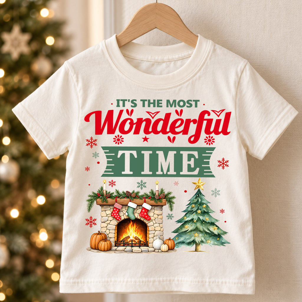 Most Wonderful Time Christmas Kids Shirt, Cozy Fireplace and Tree Graphic Tee, Festive Winter Holiday Outfit, Toddler Christmas Gift — product view 5