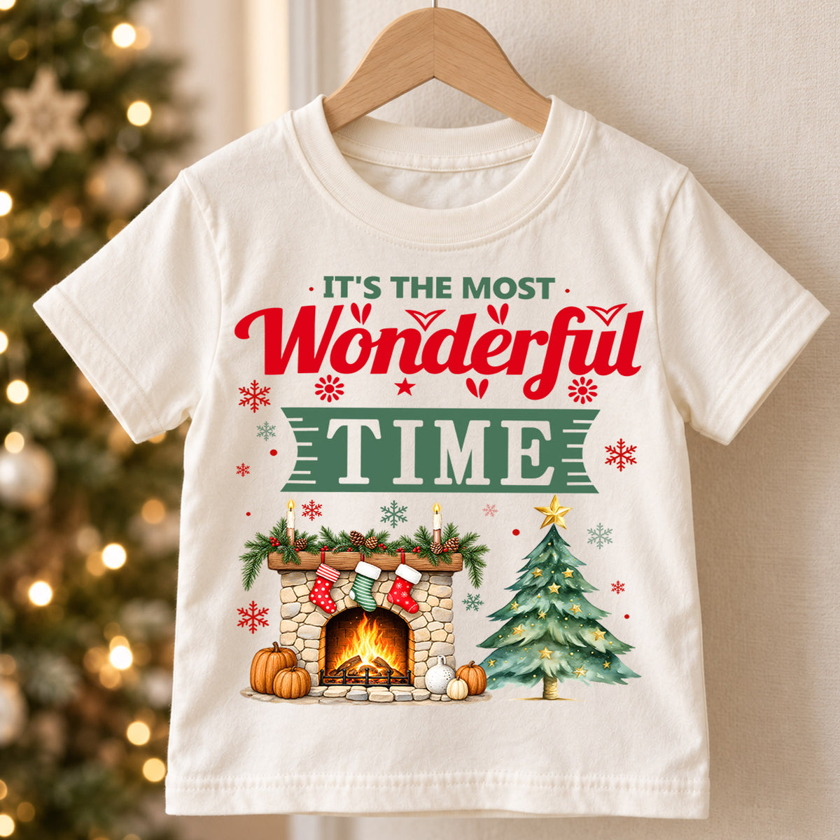 Most Wonderful Time Christmas Kids Shirt, Cozy Fireplace and Tree Graphic Tee, Festive Winter Holiday Outfit, Toddler Christmas Gift — product view 5