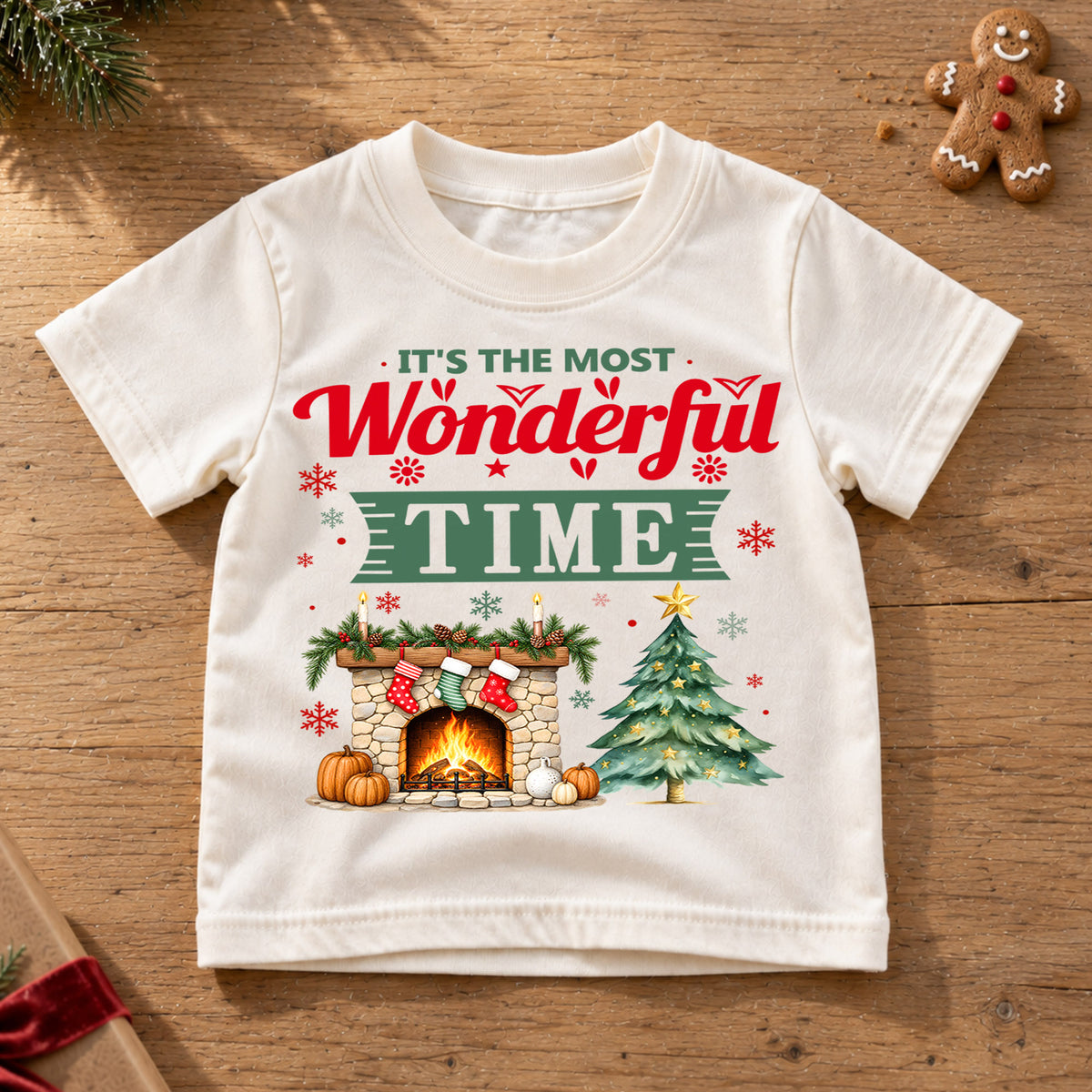Most Wonderful Time Christmas Kids Shirt, Cozy Fireplace and Tree Graphic Tee, Festive Winter Holiday Outfit, Toddler Christmas Gift — product view 6