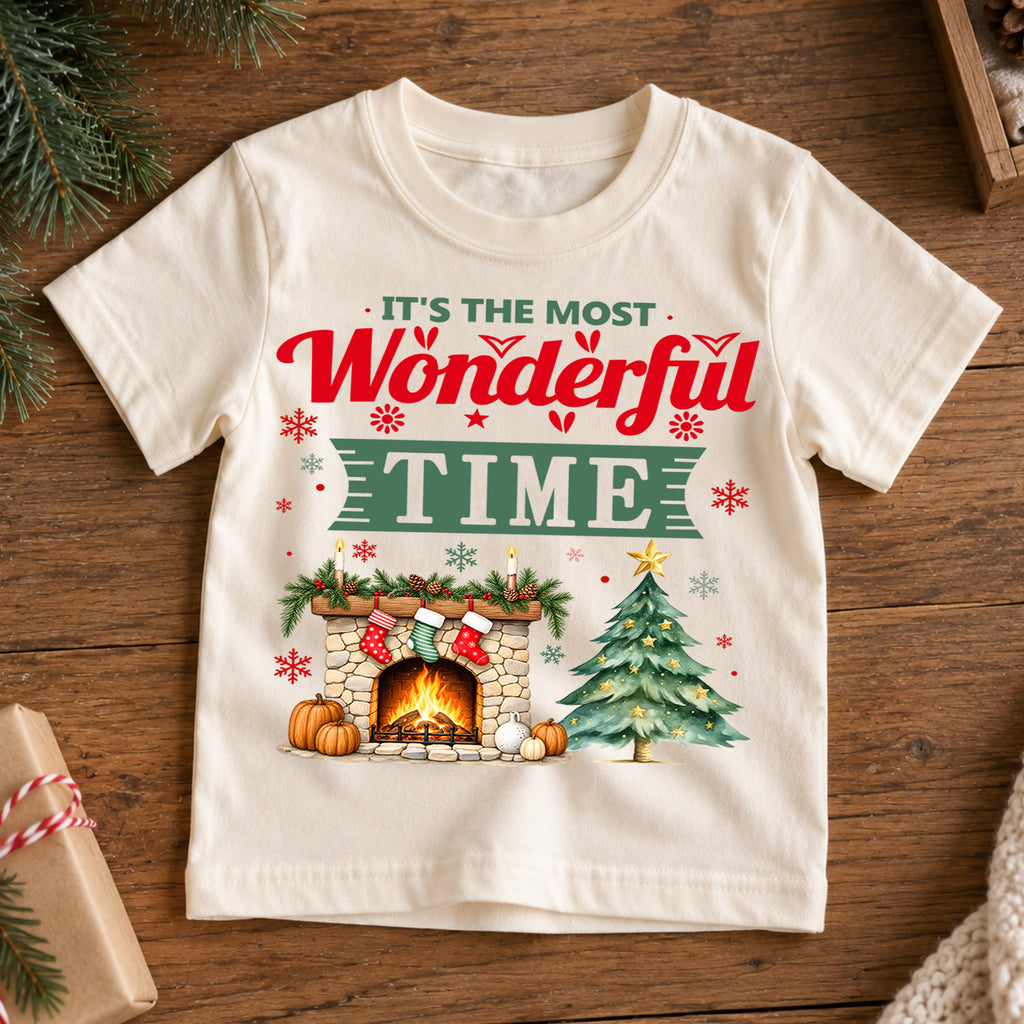 Most Wonderful Time Christmas Kids Shirt, Cozy Fireplace and Tree Graphic Tee, Festive Winter Holiday Outfit, Toddler Christmas Gift — product view 7
