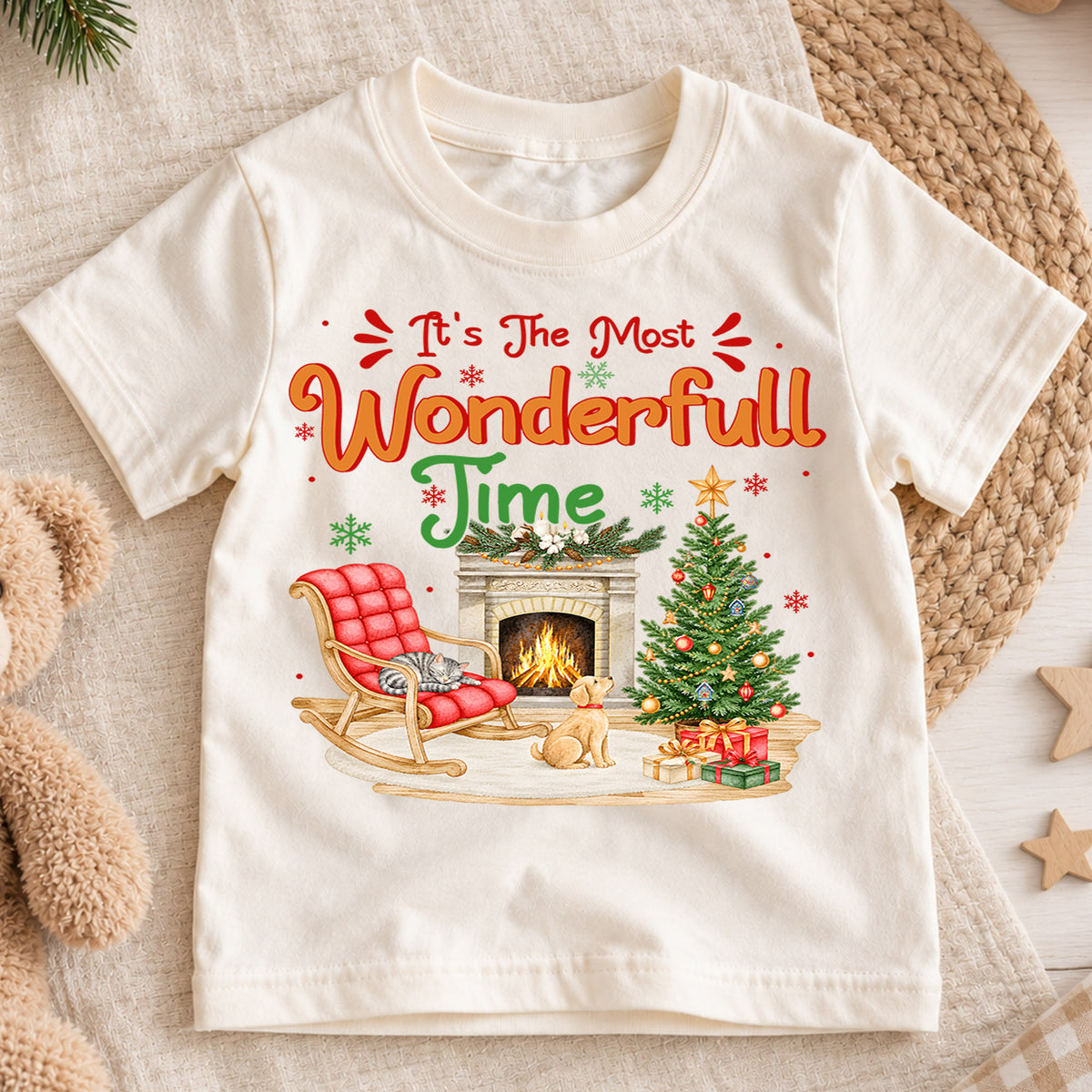 Most Wonderful Time Christmas Kids Shirt, Cat and Dog Rocking Chair Graphic Tee, Cozy Holiday Outfit, Cute Festive Gift for Children — product view 1