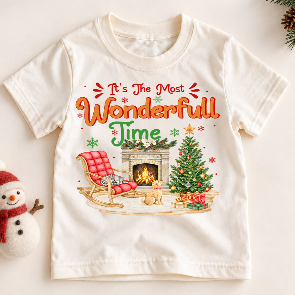 Most Wonderful Time Christmas Kids Shirt, Cat and Dog Rocking Chair Graphic Tee, Cozy Holiday Outfit, Cute Festive Gift for Children — product view 2
