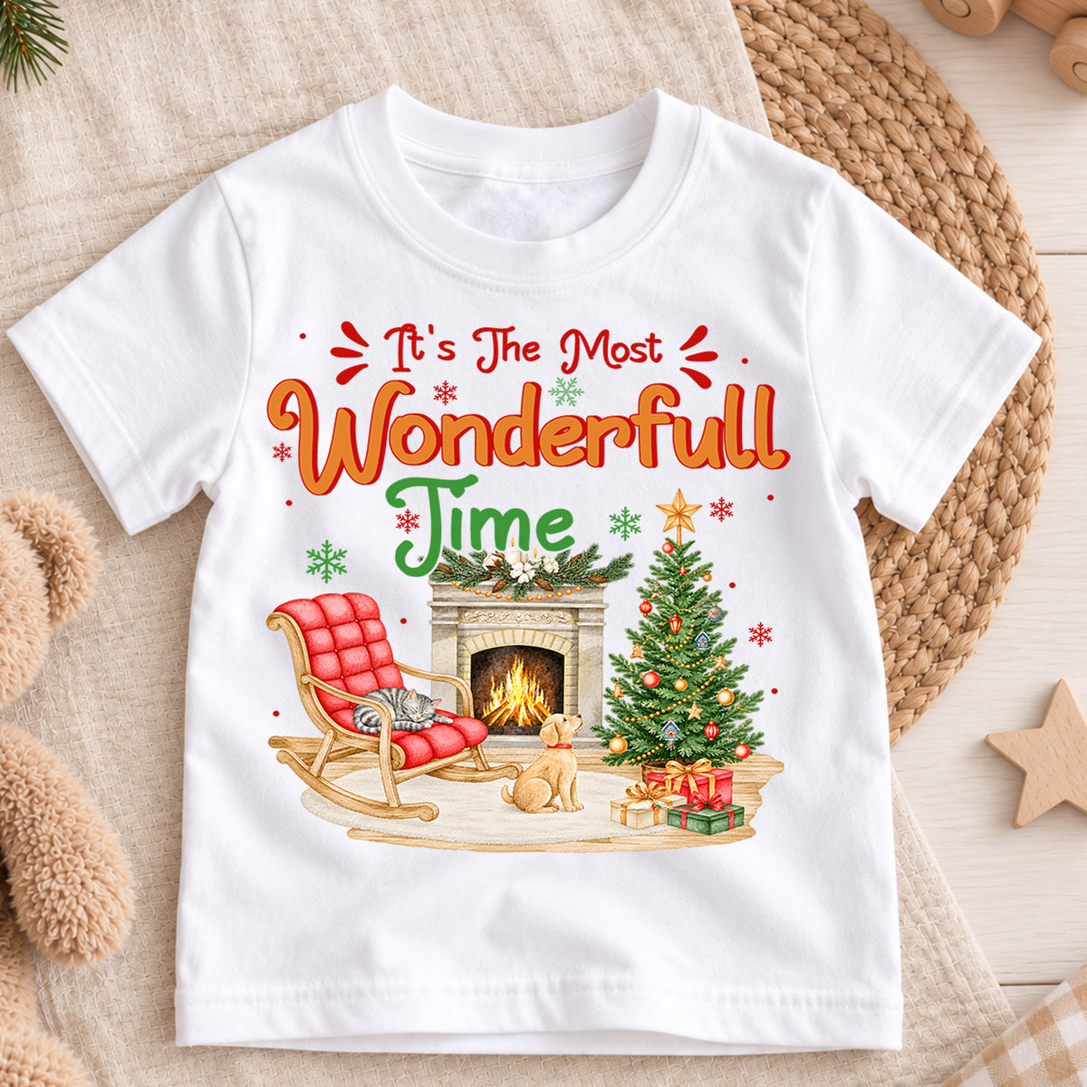 Most Wonderful Time Christmas Kids Shirt, Cat and Dog Rocking Chair Graphic Tee, Cozy Holiday Outfit, Cute Festive Gift for Children — product view 3