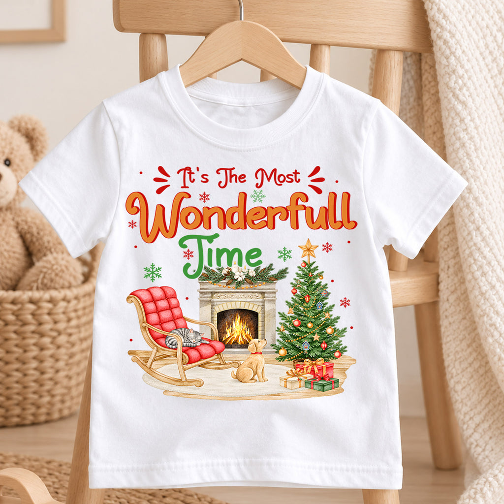 Most Wonderful Time Christmas Kids Shirt, Cat and Dog Rocking Chair Graphic Tee, Cozy Holiday Outfit, Cute Festive Gift for Children — product view 4