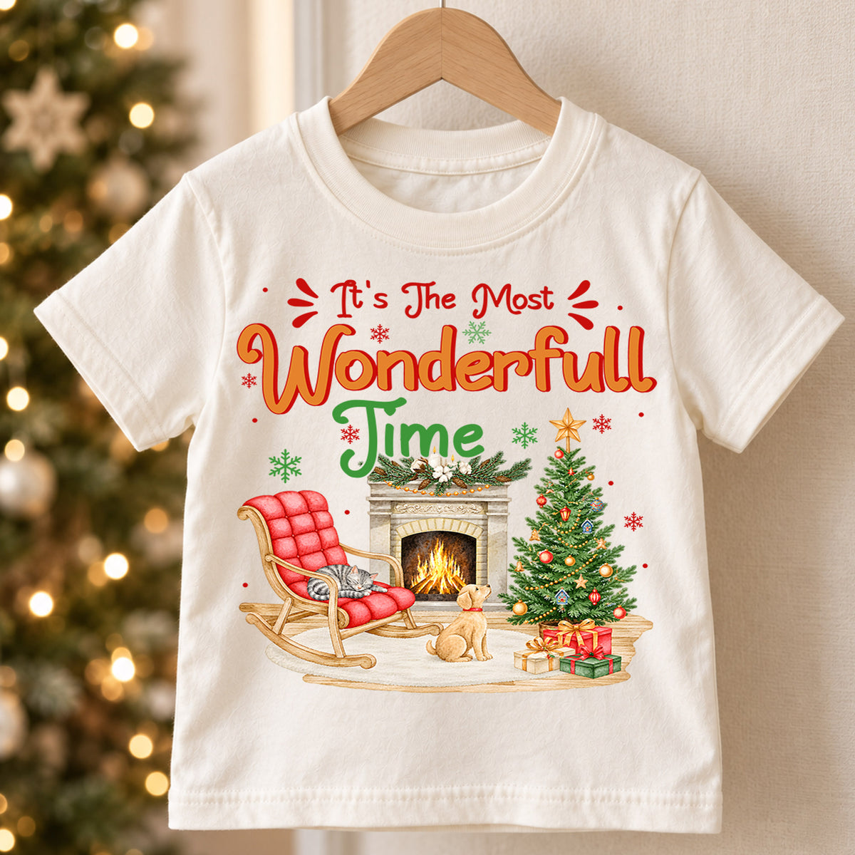 Most Wonderful Time Christmas Kids Shirt, Cat and Dog Rocking Chair Graphic Tee, Cozy Holiday Outfit, Cute Festive Gift for Children — product view 5