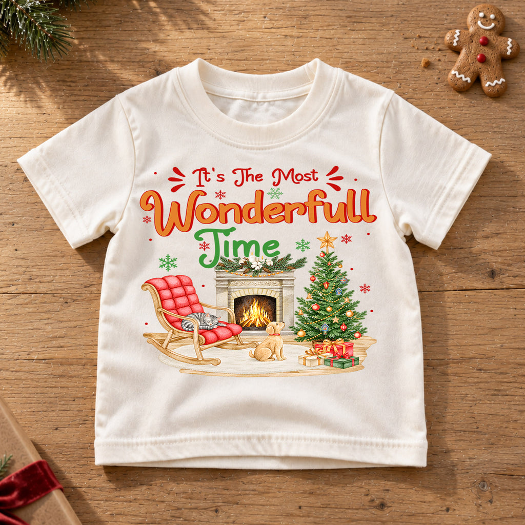 Most Wonderful Time Christmas Kids Shirt, Cat and Dog Rocking Chair Graphic Tee, Cozy Holiday Outfit, Cute Festive Gift for Children — product view 6