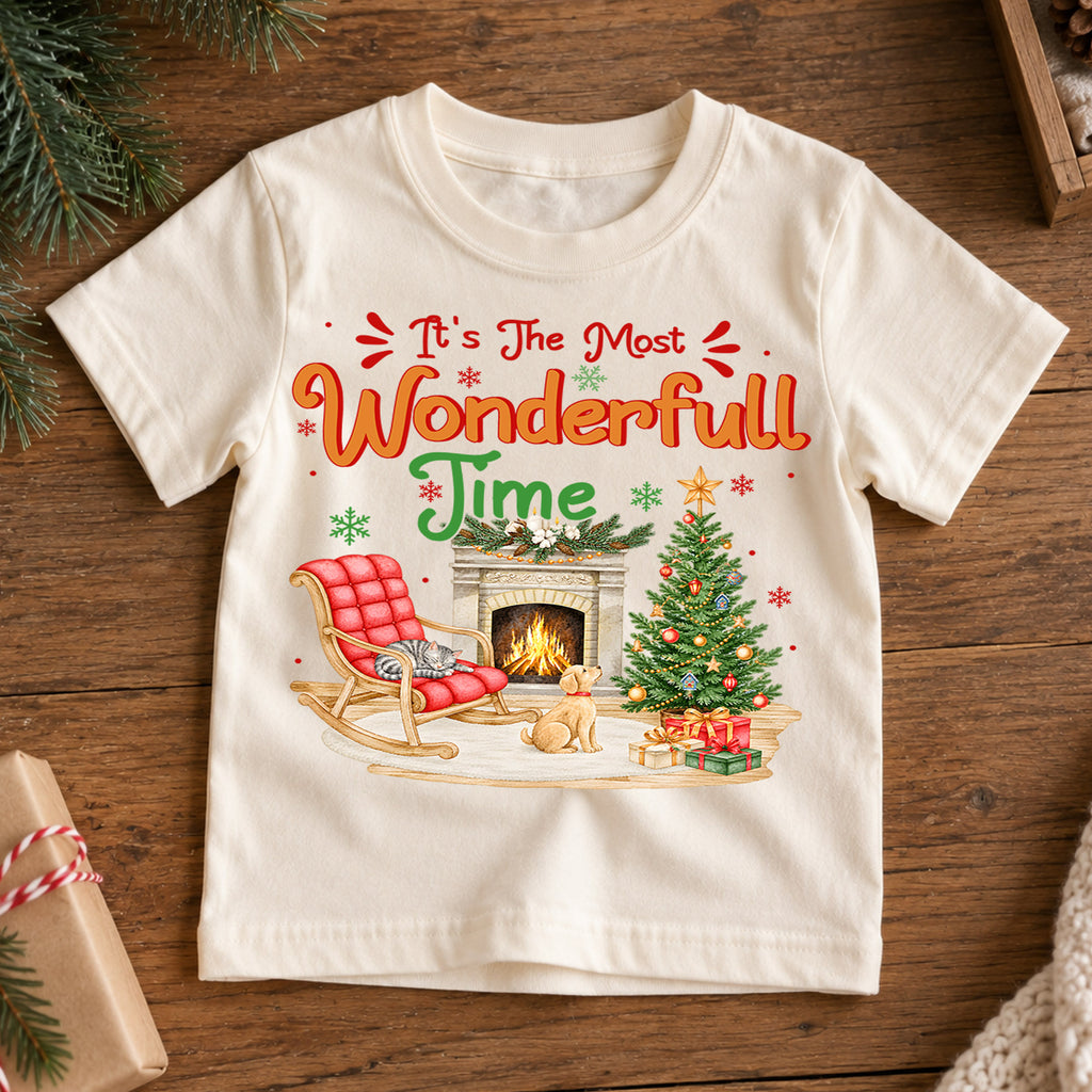 Most Wonderful Time Christmas Kids Shirt, Cat and Dog Rocking Chair Graphic Tee, Cozy Holiday Outfit, Cute Festive Gift for Children — product view 7